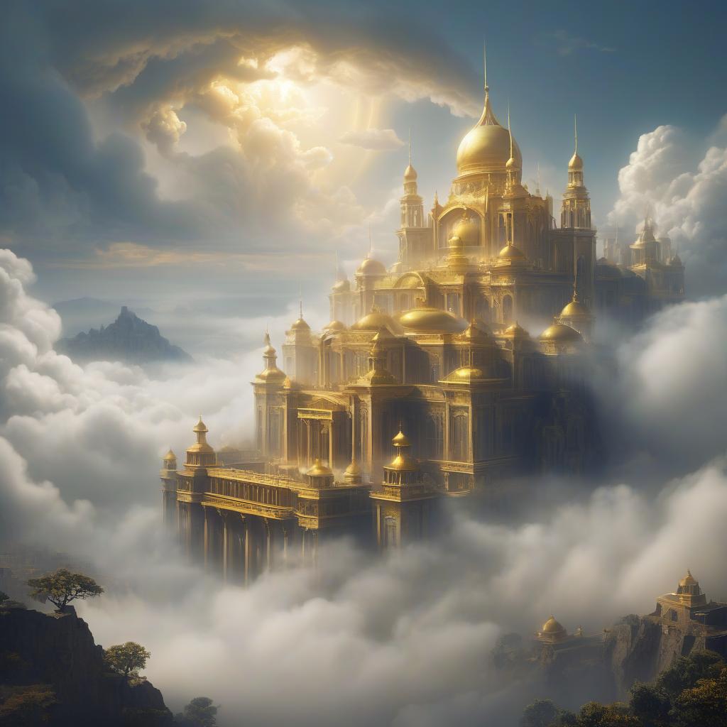  fog city. golden city. a large palace surrounded by clouds.