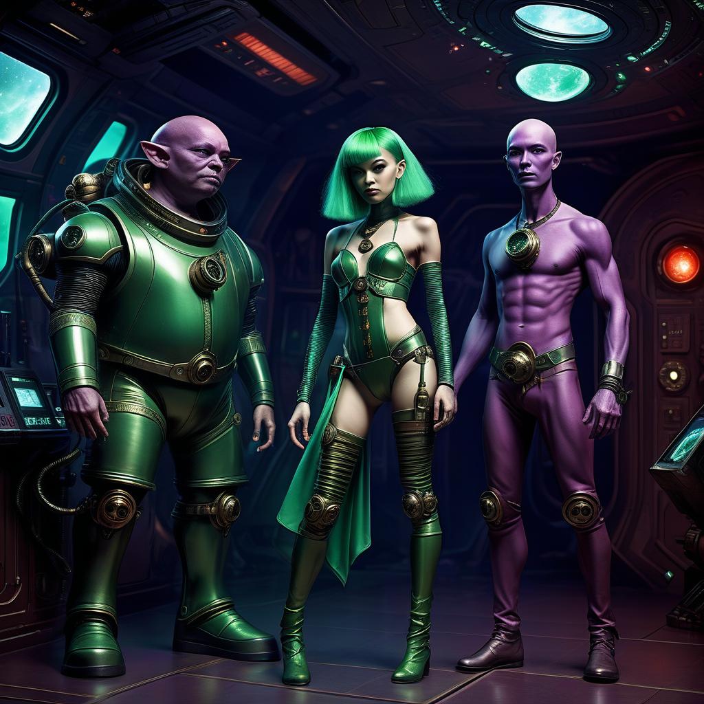  space themed a group of space pirates, a young alien of thai appearance, 20 year, purple skin, medium sized elastic , elegant thin waist, long slender legs, green hair. man, 40 year, small, fat, bald, black. next to the droid and minotaur. full length image, steampunk, dieselpunk, paropunk, standing in a space tavern, against a background of red light. . cosmic, celestial, stars, galaxies, nebulas, planets, science fiction, highly detailed