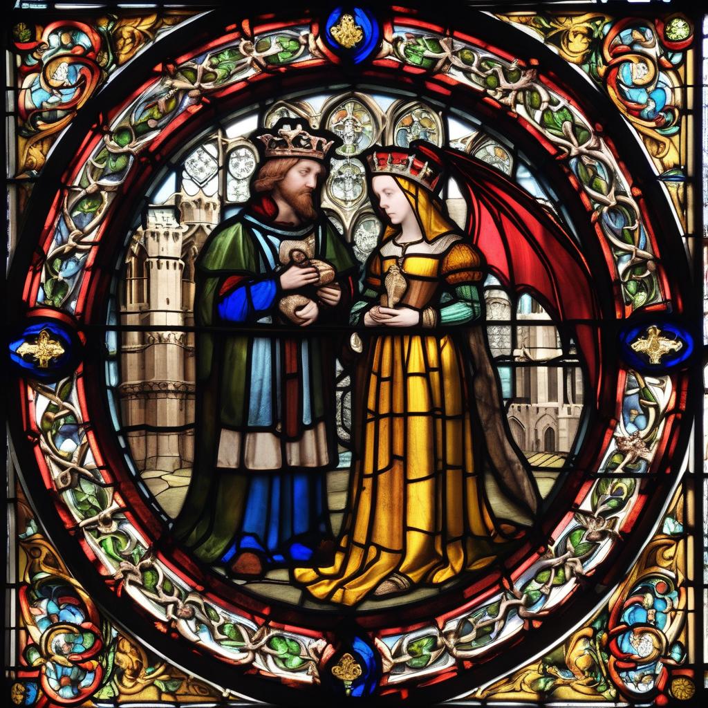  medieval stained glass, two people and a dragon