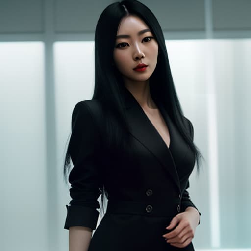  japanese girl, long black hair, black suit hyperrealistic, full body, detailed clothing, highly detailed, cinematic lighting, stunningly beautiful, intricate, sharp focus, f/1. 8, 85mm, (centered image composition), (professionally color graded), ((bright soft diffused light)), volumetric fog, trending on instagram, trending on tumblr, HDR 4K, 8K