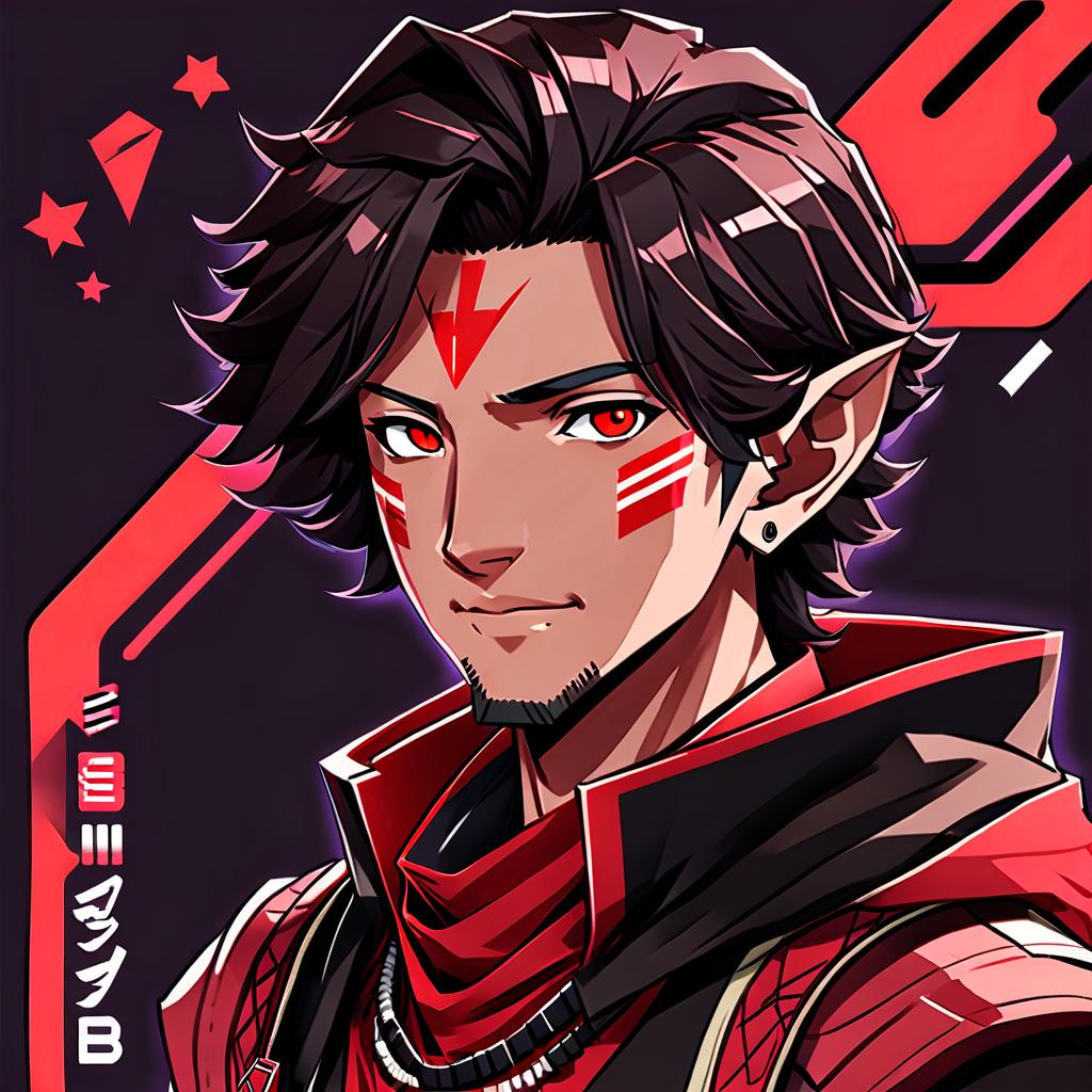  an avatar for a guy on a twitch in the style of anime wanderers, with the inscription: buzya, in red black style