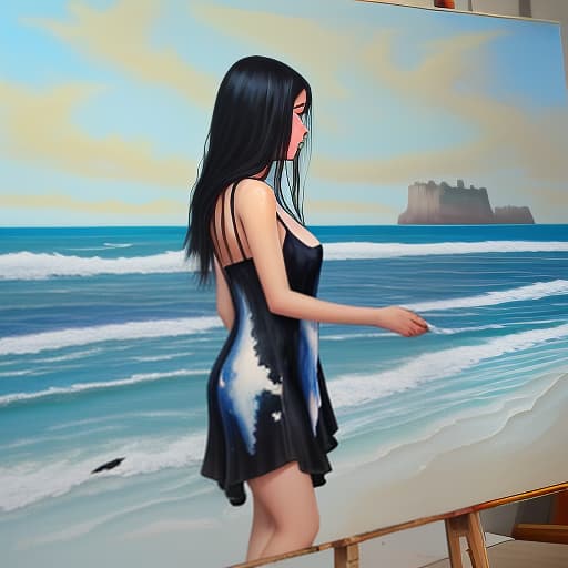  oil painting, oil girl in an oil revealing silk mini dress with a neckline, the background of the sea shore is painted with acrylic, darkening with ink, simple, clean, uncluttered, modern, elegant