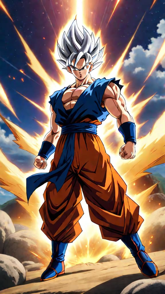  anime art: gohan achieves ultra instinct in dragon ball heroes, showcasing his divine power and silver hair. hyperrealistic, full body, detailed clothing, highly detailed, cinematic lighting, stunningly beautiful, intricate, sharp focus, f/1. 8, 85mm, (centered image composition), (professionally color graded), ((bright soft diffused light)), volumetric fog, trending on instagram, trending on tumblr, HDR 4K, 8K