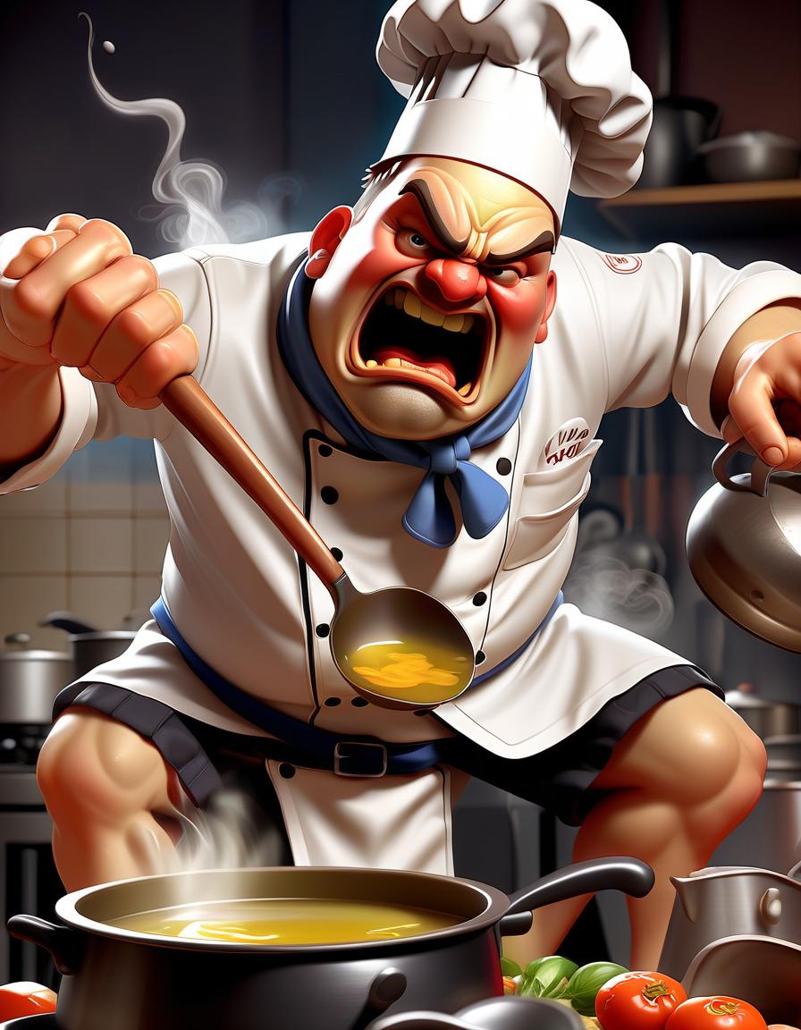  fighting game style a chef with a ladle, tasting broth from a pot, tilting their head slightly to savor the flavor. . dynamic, vibrant, action packed, detailed character design, reminiscent of fighting video games