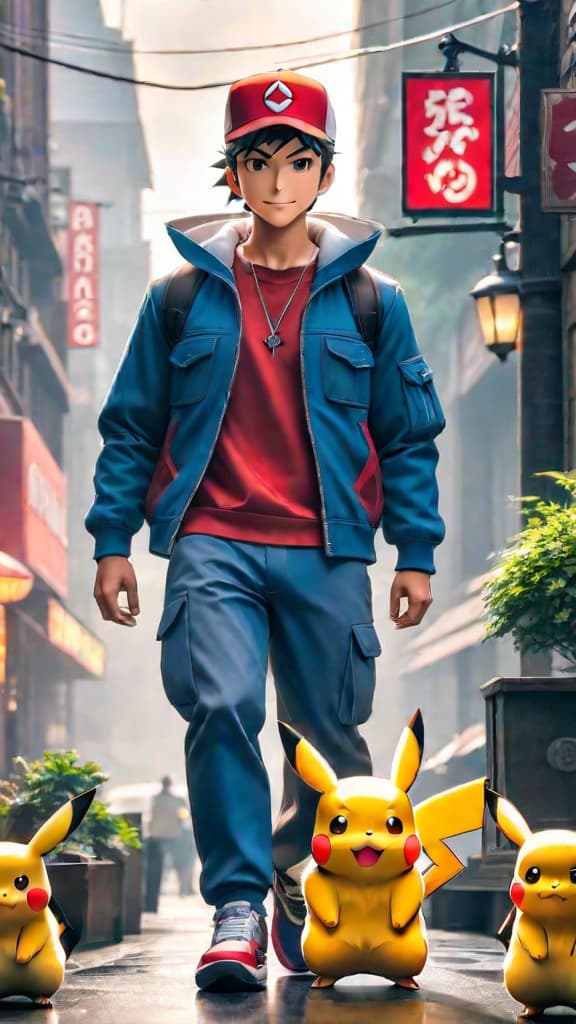  ash ketchum and pikachu from pokémon smiling together, showcasing their unbreakable bond, anime art hyperrealistic, full body, detailed clothing, highly detailed, cinematic lighting, stunningly beautiful, intricate, sharp focus, f/1. 8, 85mm, (centered image composition), (professionally color graded), ((bright soft diffused light)), volumetric fog, trending on instagram, trending on tumblr, HDR 4K, 8K