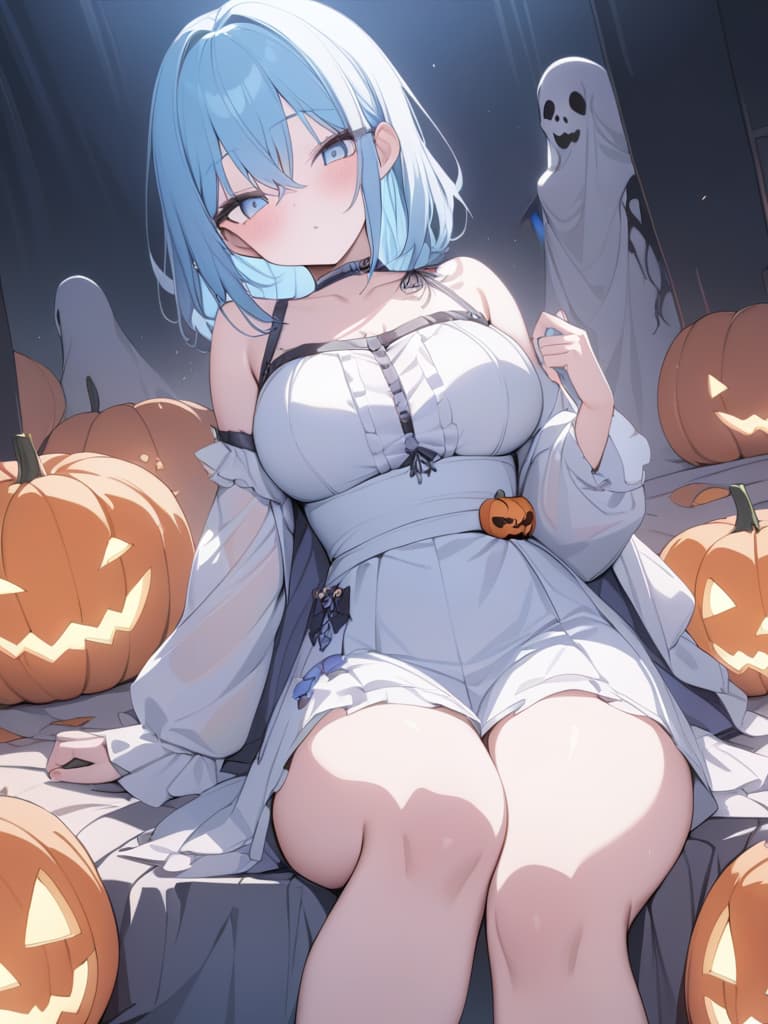  halloween, zombies, light blue, light blue hair, bob hair, ghosts, masterpiece, best quality,8k,ultra detailed,high resolution,an extremely delicate and beautiful,hyper detail