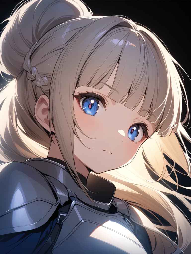  ultra detailed:1.2,masterpiece:1.2,best quality,masterpiece,bestquality,hdr:1.1,8k:1.1,very cute girl:1.3,(silver armor dress,blue dress:1.3)((blond hair,chignon:1.7)),((braided side hair,blunt bangs:1.6)),(blue head ribbon:1.1),(blue eyes:1.3),(holding great sword:1.6)dignified expression:1.3,upper body:1.3,dutch angle,face focus