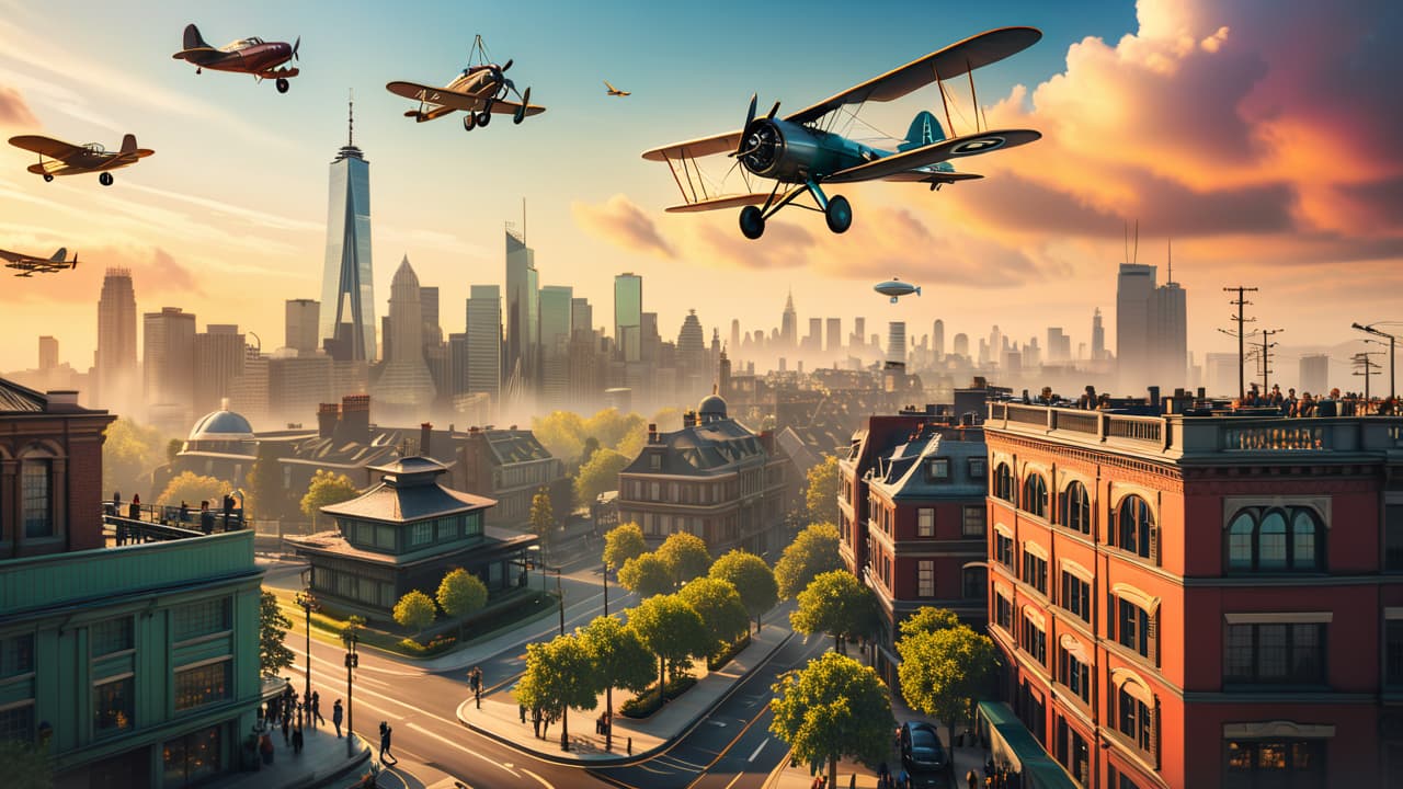  a collage depicting the evolution of aviation: a vintage biplane soaring above a sleek modern jet, surrounded by iconic landmarks like the wright brothers' workshop, a bustling airport, and a futuristic aerial taxi. hyperrealistic, full body, detailed clothing, highly detailed, cinematic lighting, stunningly beautiful, intricate, sharp focus, f/1. 8, 85mm, (centered image composition), (professionally color graded), ((bright soft diffused light)), volumetric fog, trending on instagram, trending on tumblr, HDR 4K, 8K