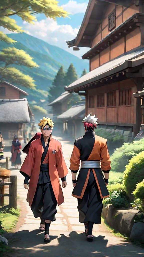  boruto from boruto: naruto next generations meeting young naruto and jiraiya from naruto in hidden leaf village anime art hyperrealistic, full body, detailed clothing, highly detailed, cinematic lighting, stunningly beautiful, intricate, sharp focus, f/1. 8, 85mm, (centered image composition), (professionally color graded), ((bright soft diffused light)), volumetric fog, trending on instagram, trending on tumblr, HDR 4K, 8K