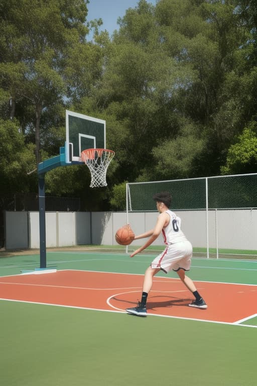  \"a young man is playing basketball on an outdoor court. the background is an outdoor basketball court in the late afternoon with soft sunlight. the young man is wearing a black sleeveless shirt and white shorts, caught mid jump as he shoots the basketball towards the hoop. his movement is dynamic and full of energy. the court has clear white lines and a neatly hung basketball net. the surface of the court is a deep red, surrounded by lush green trees and a bright blue sky.\" , advertising photo,high quality, good proportion, masterpiece , the image is captured with an 8k camera