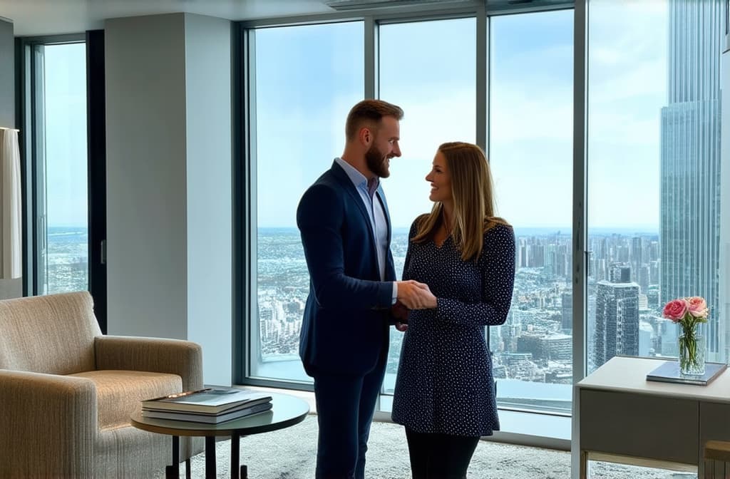  a realtor shows a couple a spacious, bright, modern apartment in a skyscraper ar 3:2 {prompt}, maximum details