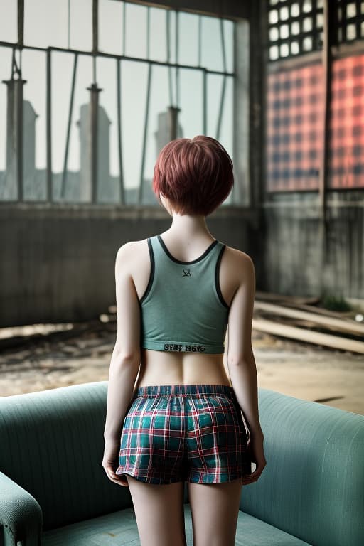  Color, Atmosphere dim, blurry back, girl short haired, in plaid boxers, lounging furniture, tank top, creepy building, bright heart logo