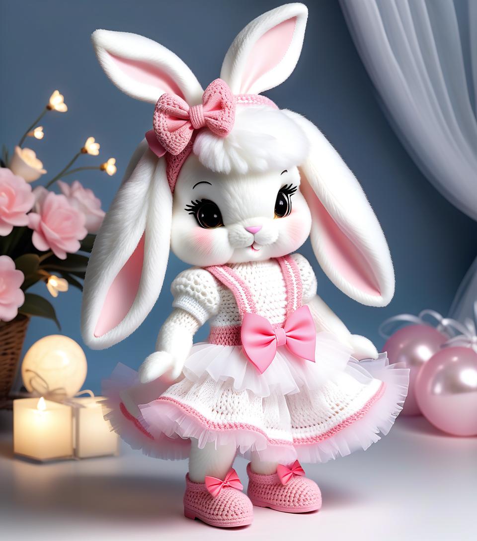  luxury product style a very cute white and pink fluffy bunny, cute cute, with long fluffy floppy ears, with a fashionable elegant crochet headband with a bow, and decorations, standing on two legs, in a crocheted white and pink jumpsuit with ruffles, tulle ruffles, with draperies, with ruffled tulle, with a bow, a peplum, very detailed, dressed in beautiful crocheted shoes with a bow, flying fireflies and neon hearts, glare of light, radiance, fabulously beautiful, tenderness, love, aesthetics, best quality: 1.3, for maximum detail and clarity, professional photo, fotorealism, high resolution, high detail , iso 3200, f/2.8, 16k, uhd, 1/8000sec, 30mm lens, bright light . elegant, sophisticated, high end, luxurious, professional, highly detai hyperrealistic, full body, detailed clothing, highly detailed, cinematic lighting, stunningly beautiful, intricate, sharp focus, f/1. 8, 85mm, (centered image composition), (professionally color graded), ((bright soft diffused light)), volumetric fog, trending on instagram, trending on tumblr, HDR 4K, 8K