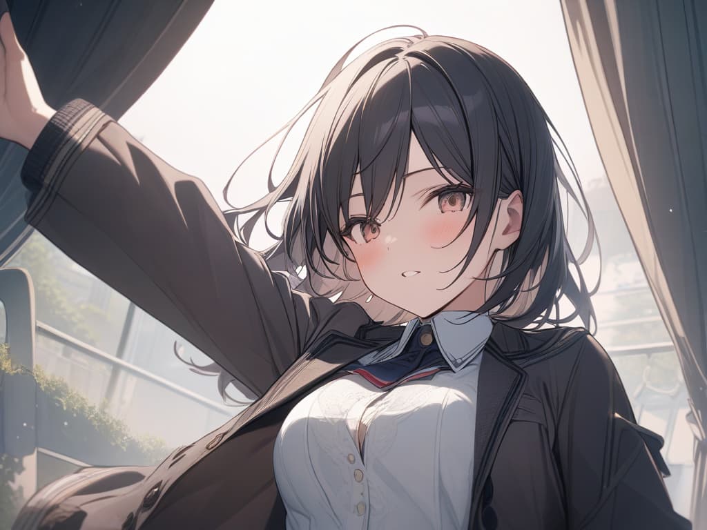  black hair, brown winter uniform, bra transparent, masterpiece, best quality,8k,ultra detailed,high resolution,an extremely delicate and beautiful,hyper detail