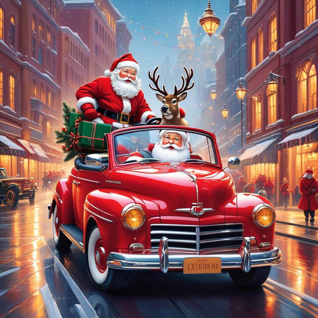  santa driving a hot rod red convertible with reindeer in backseat, award winning, professional, highly detailed, masterpiece