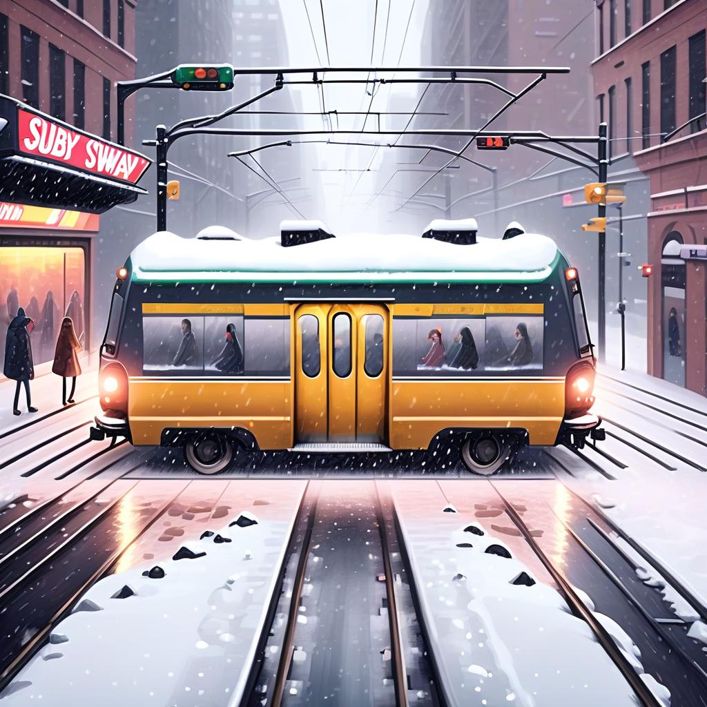  there are two subway cars, there's a guy in one car, there's a girl in the other car. the cars are moving in different directions, it's snowing on the street. there are no other people besides them