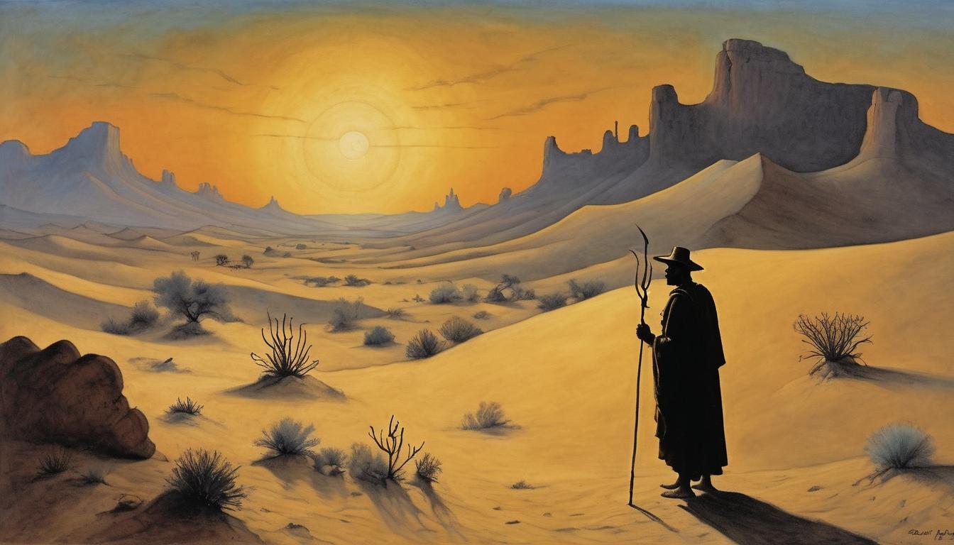  on parchment, surrealism++, ancient desert landscape under a dusky sky, rugged terrain, silhouette of nomadic figure with staff, long shadows, serene and timeless(mysterious, provocative, symbolic)++