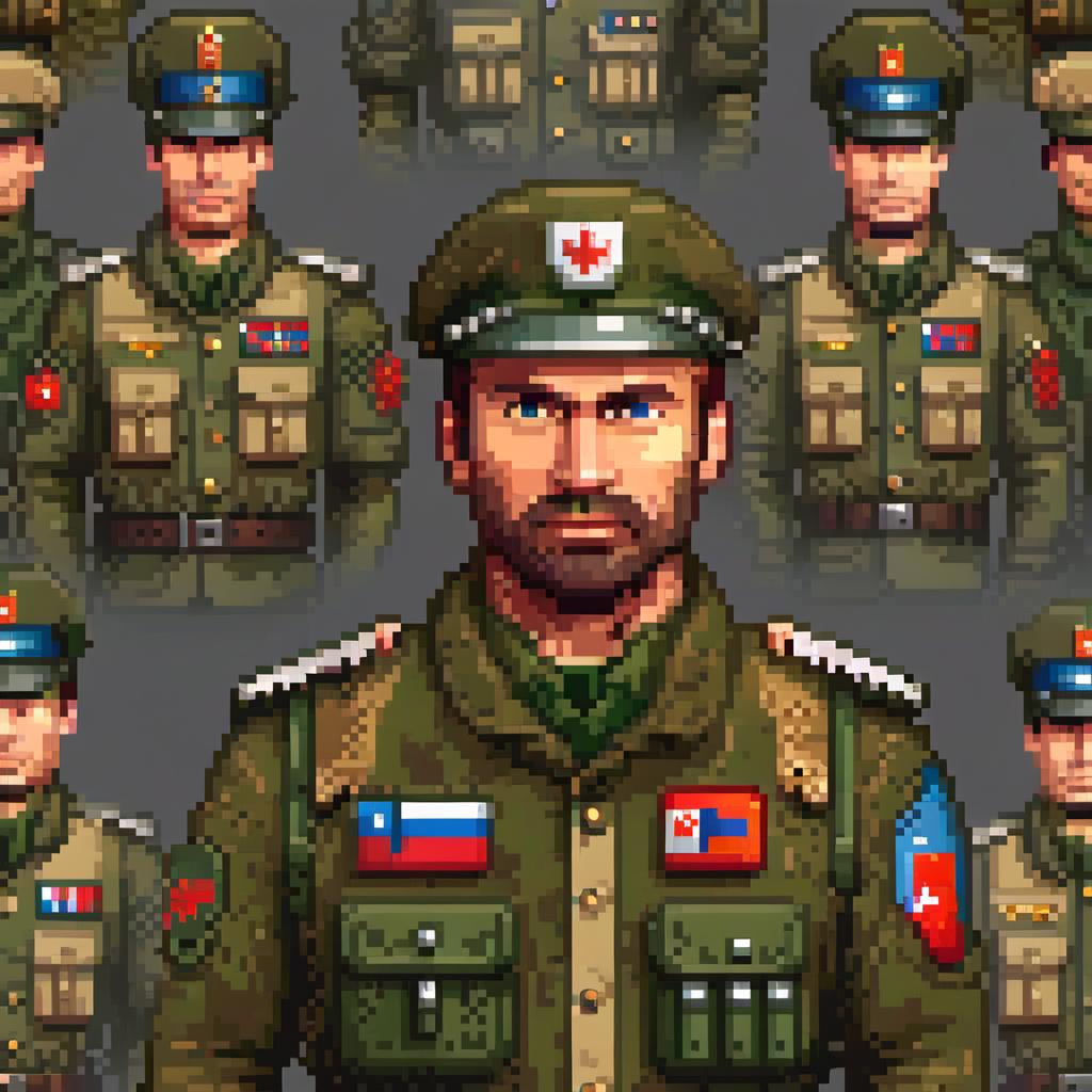  pixel art russian soldier games icon . low res, blocky, pixel art style, 8 bit graphics hyperrealistic, full body, detailed clothing, highly detailed, cinematic lighting, stunningly beautiful, intricate, sharp focus, f/1. 8, 85mm, (centered image composition), (professionally color graded), ((bright soft diffused light)), volumetric fog, trending on instagram, trending on tumblr, HDR 4K, 8K