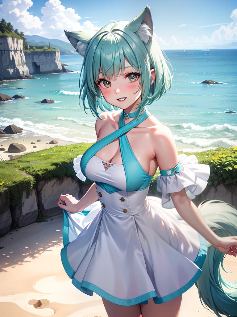  masterpiece,highres,((v ray render)),sense of depth,close view,outdoors,beach,horizon,blue sky,portrait,face focus,close up,solo,(,wolf ,wolf ears,wolf tail),intelligence,powerful,joyfull,smile,parted lips,upper teeth only,beige lips,glossy lip,pure white skin,glossy skin,short hair,bob cut,pastel green hair,healthy,curvy,full ,narrow waist,toned arms,sundress,sleeveless,aqua dress,halterneck,criss cross halter,standing,bent over,arched back,incoming hug,