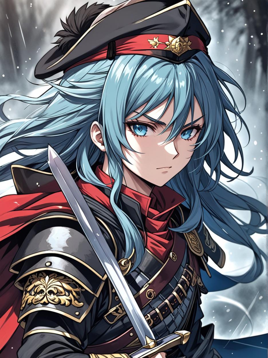  manga artwork woman version of oda nobunaga from fate. her outfit that looks like a military uniform is something she prepared as a hobby when she was drafted as a servant. with a black military hat with red details. gold details on his military outfit, red uniform. she has light blue eyes, silver and cyan blue hair, very long. menacing sword, larger and sharper sword. menacing expression, hunter's eyes. details, 8k.. manga artist. manga, highly emotional. best quality, high resolution