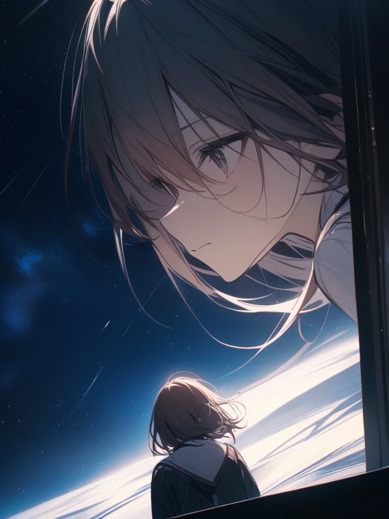  looking up from the window, the hair is blonde, the hair length is long, the sky is in the sky, the stars are visible, and a sad expression while looking a little far, masterpiece, best quality,8k,ultra detailed,high resolution,an extremely delicate and beautiful,hyper detail