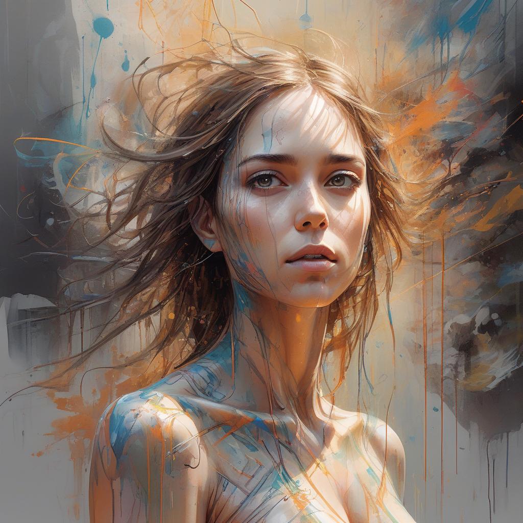  awe inspiring painting of awe striking a muted abstract impressionism art, a beautiful woman in a surreal full body, dreamlike virtual voidscape with floating virtual elements and distorted abstract data streams, perfectly rendered face, that emphasizes the sunlit sands, dramatic beauty of triumphantly, art by carne griffiths and wadim kashin using graffiti airbrushing techniques, centered in an epic, awe inspiring scene, approaching perfection with dynamic composition, sharp focus, illustration, accent lighting, high definition, bright paint colors contrasting, highly detailed, concept art, smooth textures, artstation aesthetics, by squal92i., watercolor, trending on artstation, sharp focus, studio photo, intricate details, highly detailed