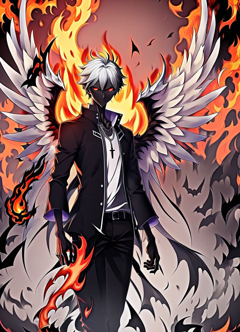  anime artwork make him a demon with wings and in his right hand he has a black and white flame. hell behind him . anime style, key visual, vibrant, studio anime, highly detailed