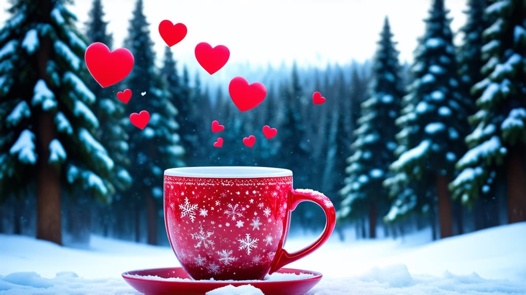  coffee cup with hearts flying out of it standing on snow, snowy forest background, digital art, hyper realistic photography, very beautiful, highly detailed cute, high quality photos, high quality, beautiful wallpaper ar 16:9 {prompt}, maximum details