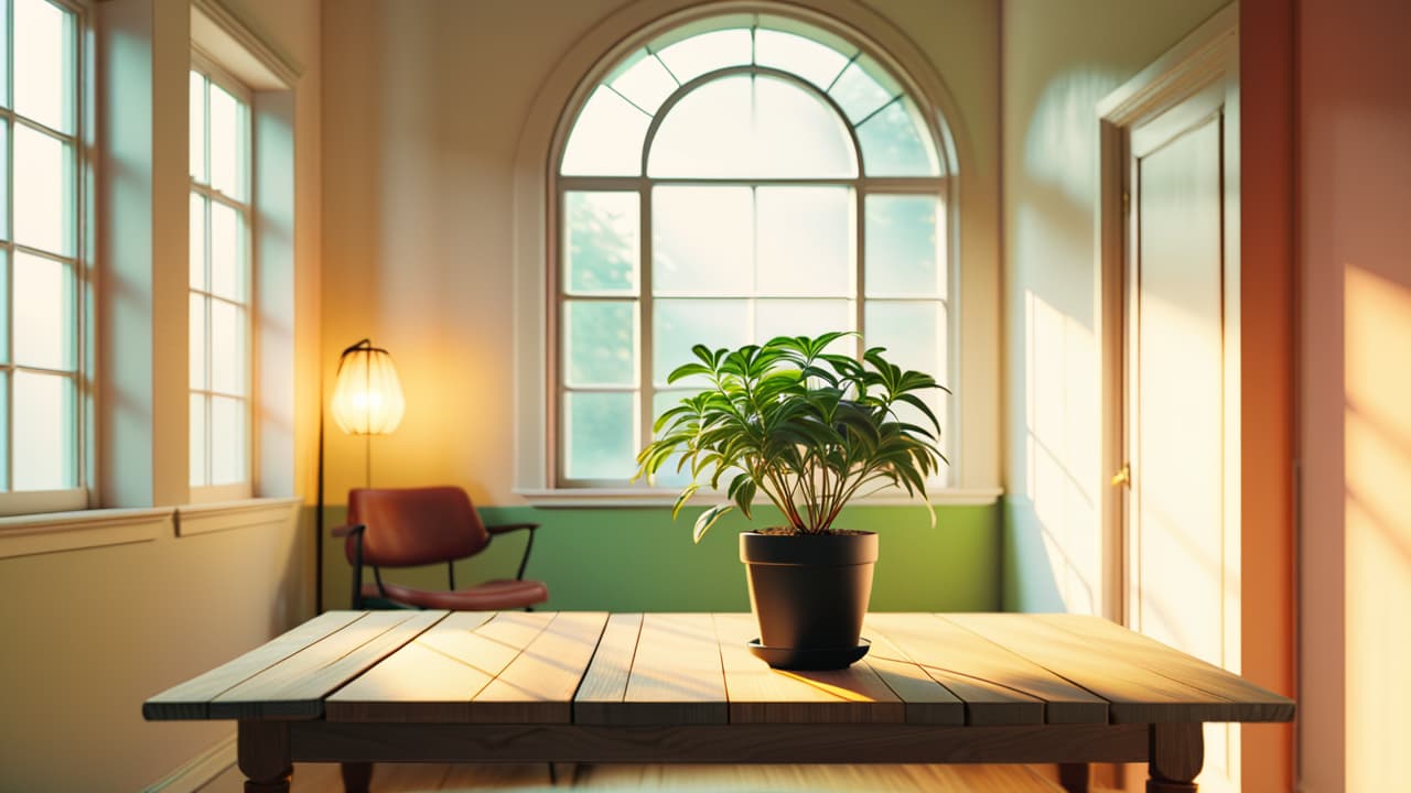  a serene, sunlit room with a single potted plant, a simple wooden table, and a cozy chair, emphasizing open space and tranquility, showcasing the essence of minimalist living through a few carefully chosen items. hyperrealistic, full body, detailed clothing, highly detailed, cinematic lighting, stunningly beautiful, intricate, sharp focus, f/1. 8, 85mm, (centered image composition), (professionally color graded), ((bright soft diffused light)), volumetric fog, trending on instagram, trending on tumblr, HDR 4K, 8K