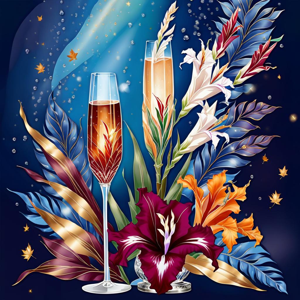  ethereal fantasy concept art of (crystal tall glass):champagne with ice cubes and chocolate. (birthday greeting card) card design: bluish blue background with ((decorated with fine fractal glitter, bright leaves, ink sketch lines on blue background, outlines, falling autumn leaves, silver swirls, autumn leaves, elegant, thin, ((profile of a woman's face, in the style of autumn art fantasy 1,7)) . (in the centre of the card is a bouquet with white gladioluses inscribed (("for you")).((bouquet of burgundy gladioluses surrounded by multicoloured foliage 1,2)) (colour of the bouquet): burgundy red with orange border. (foliage colour) :golden, silvery white, burgundy, green, golden green, (style):fantasy, design art, greeting cards. (style):fan