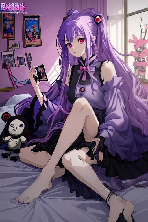  anime style art. a with purple hair to her shoulders tied in bundles on the side. she is wearing a short blue with transparent sleeves and a pink bow on her and a black . there's a bandage on his left leg. she has red eyes. the is in a cozy bedroom of black and purple color. there are a lot of plush toys in the room, there is a computer and anime posters on the wall., manga big eyes expressive faces colorful hair hayao miyazaki masashi kishimoto makoto shinkai clamp yoshiyuki sadamoto