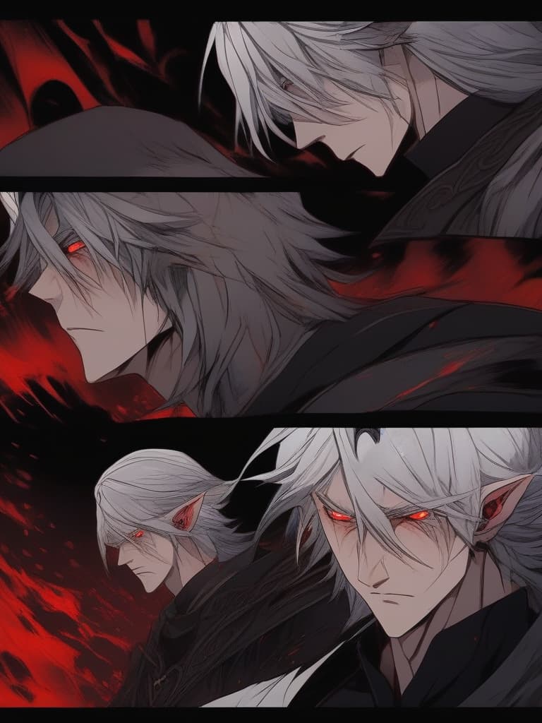  masterpiece,(((solo slender male))),long delicate silvery white hair,elf ears,delicate red eye color,anger,fury,tears of blood,vindictiveness,lamentation,high quality,16k