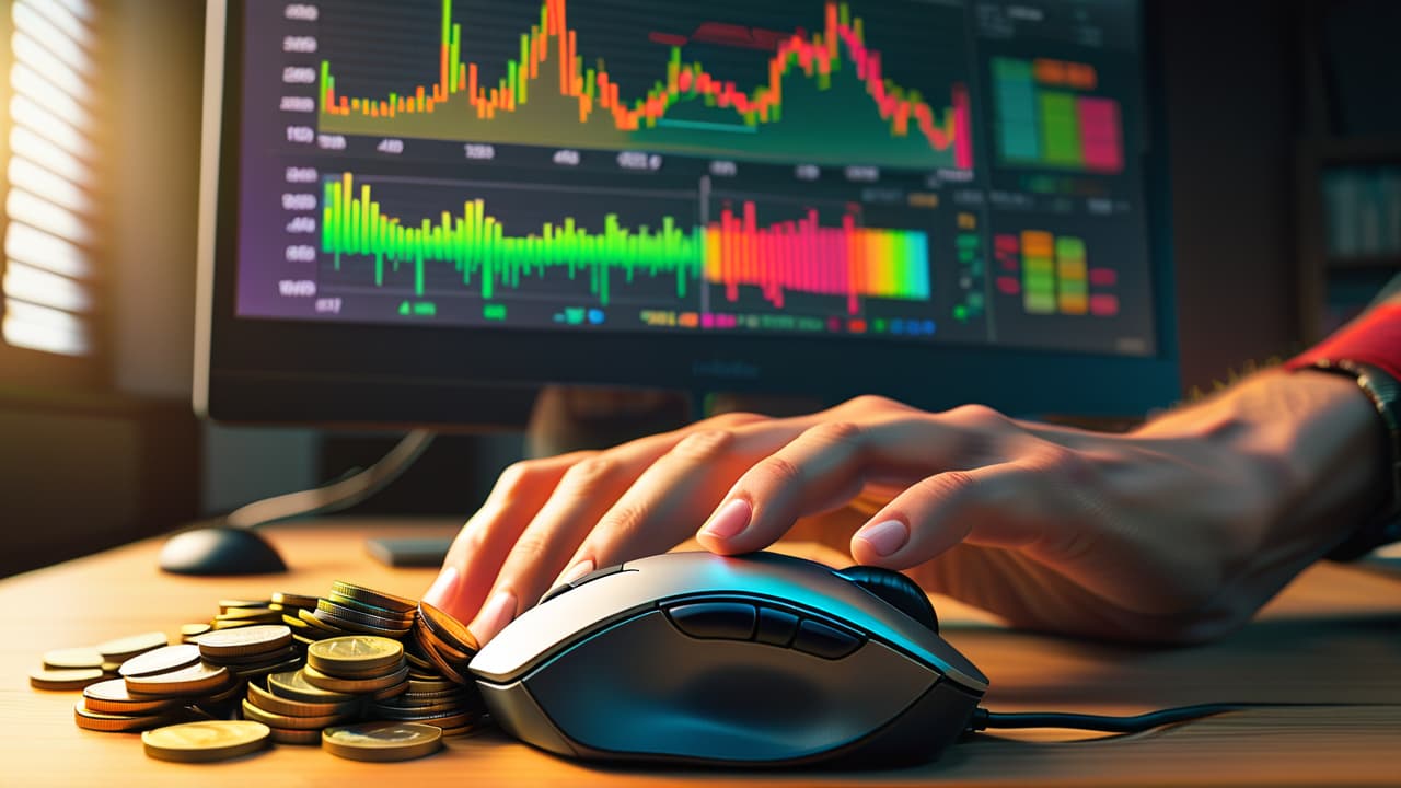  a close up of a novice trader's hand hovering over a computer mouse, surrounded by colorful stock charts and a small pile of coins, symbolizing minimal investment and the world of trading. hyperrealistic, full body, detailed clothing, highly detailed, cinematic lighting, stunningly beautiful, intricate, sharp focus, f/1. 8, 85mm, (centered image composition), (professionally color graded), ((bright soft diffused light)), volumetric fog, trending on instagram, trending on tumblr, HDR 4K, 8K