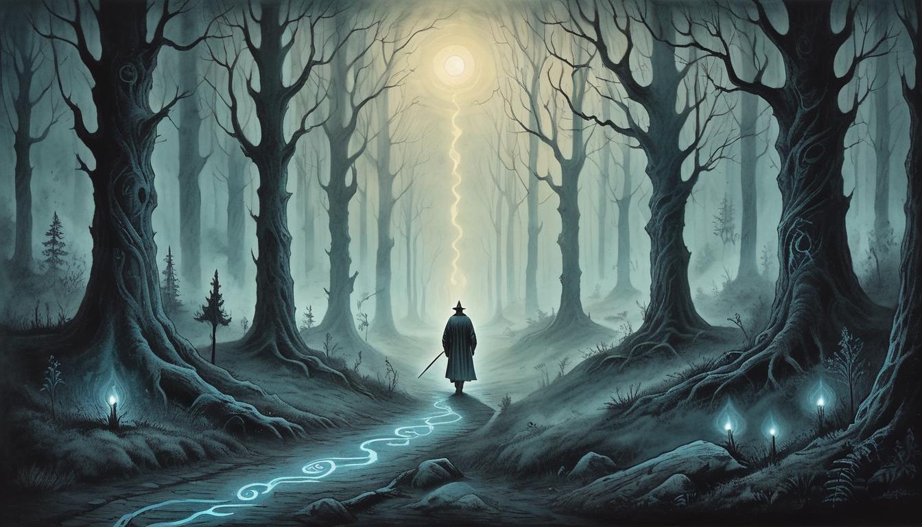  on parchment, surrealism+++, a lone figure, walking a glowing path through a dark, misty forest, ancient symbols etched into the ground, ethereal, luminous, signifying decisiveness, self determination, independence(mysterious, provocative, symbolic,muted color)+++