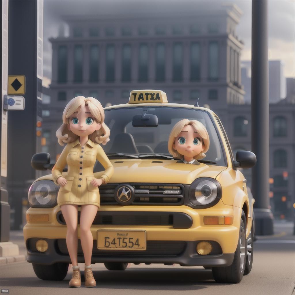  A Yellow taxi, with a little blond girl at the back hyperrealistic, full body, detailed clothing, highly detailed, cinematic lighting, stunningly beautiful, intricate, sharp focus, f/1. 8, 85mm, (centered image composition), (professionally color graded), ((bright soft diffused light)), volumetric fog, trending on instagram, trending on tumblr, HDR 4K, 8K