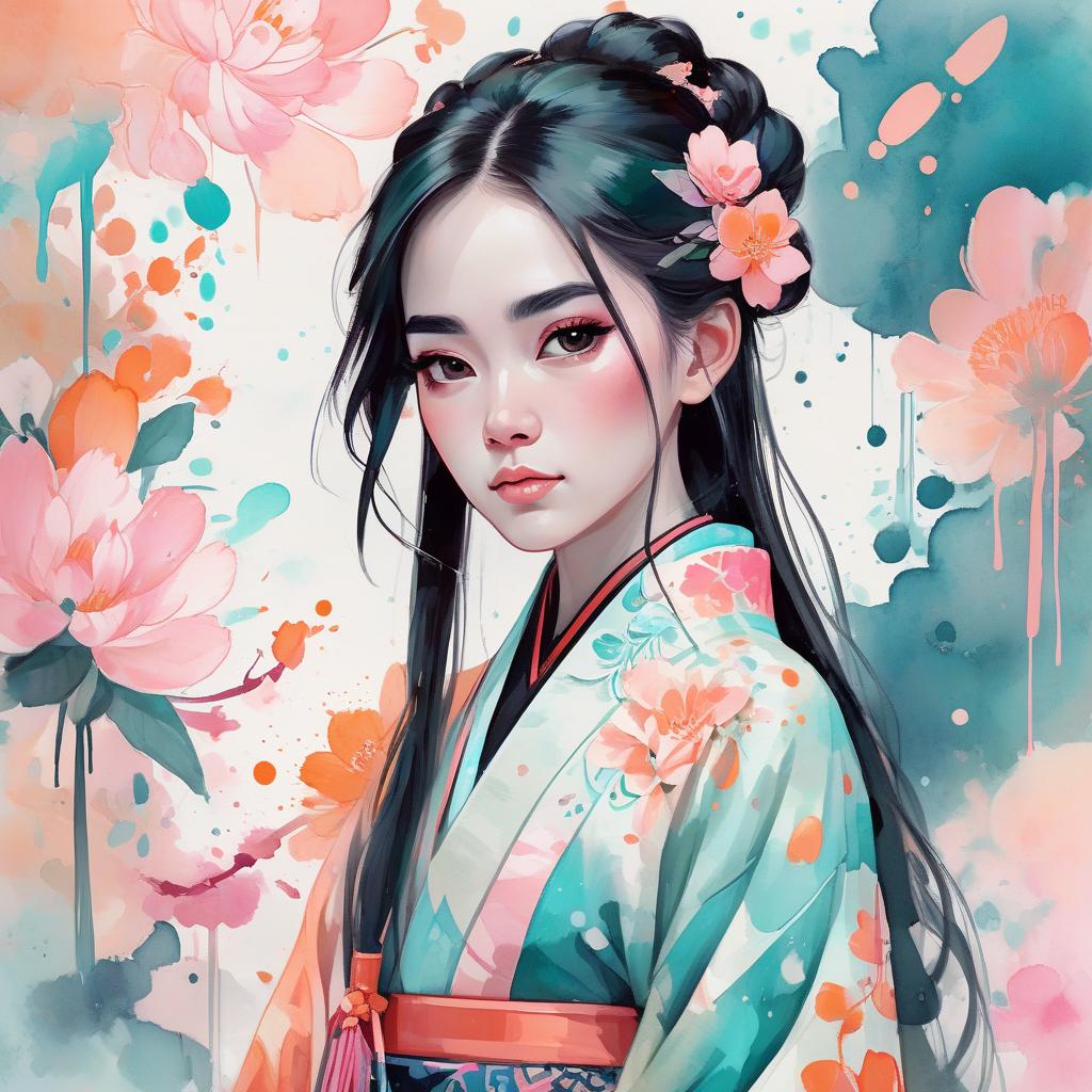  an asian woman wearing an intricate kimono, digital watercolor painting, paint splatter, long hair, bold brush strokes, pale skin, bright colors on white background, pink peach orange teal black color palette, symmetrical, bold eyeshadow, adorable, cute, pixar style painting, art nouveau