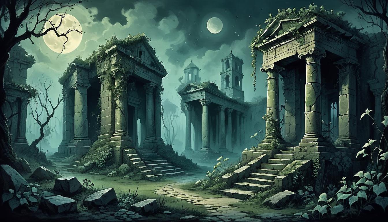  on parchment, surrealism+++, ancient ruins under a dim moonlight, shadowy structures, eerie glow, crumbled stones, overgrown ivy, ominous, mysterious(mysterious, provocative, symbolic,muted color)+++