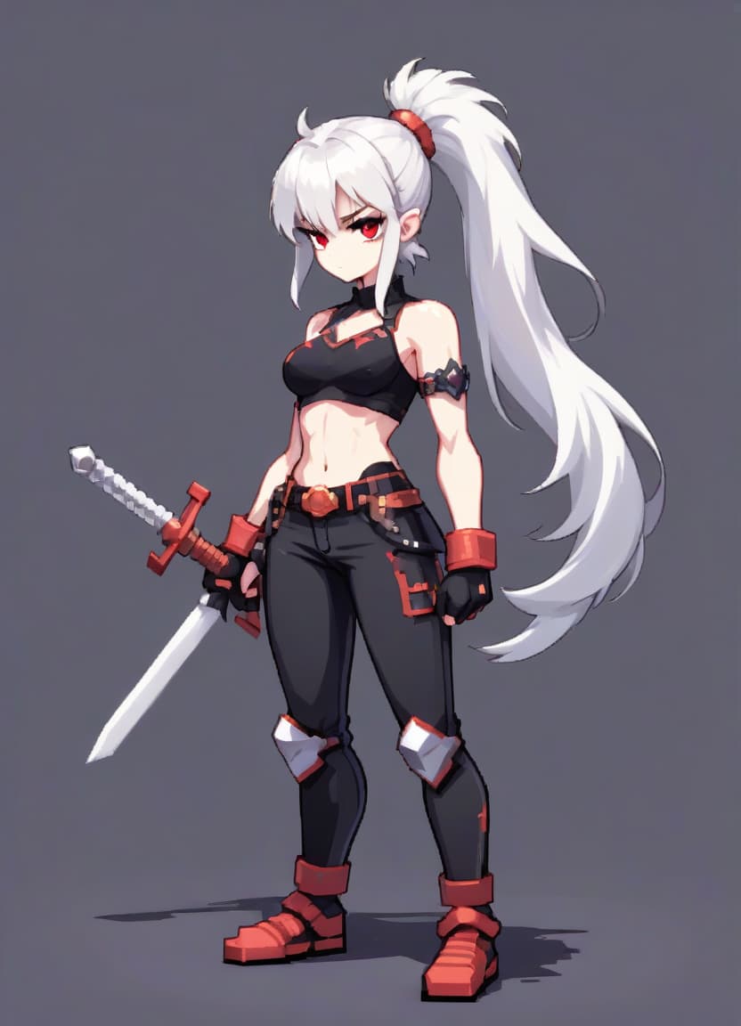  pixel art a fist girl warrior with a bare torso and white hair with a ponytail stands and prepares for battle, looks into the frame, portrait, anime pixel style, handsome and in black pants, add black and red . low res, blocky, pixel art style, 8 bit graphics