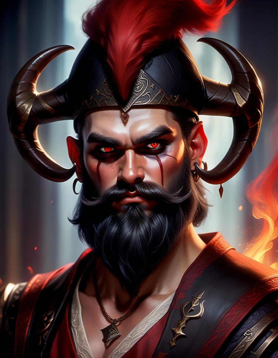  role playing game (rpg) style fantasy portrait of dwarf with black hair, black beard, black horns, red skin, demonic eyes, modern clothes . detailed, vibrant, immersive, reminiscent of high fantasy rpg games, oil painting, hkmagic