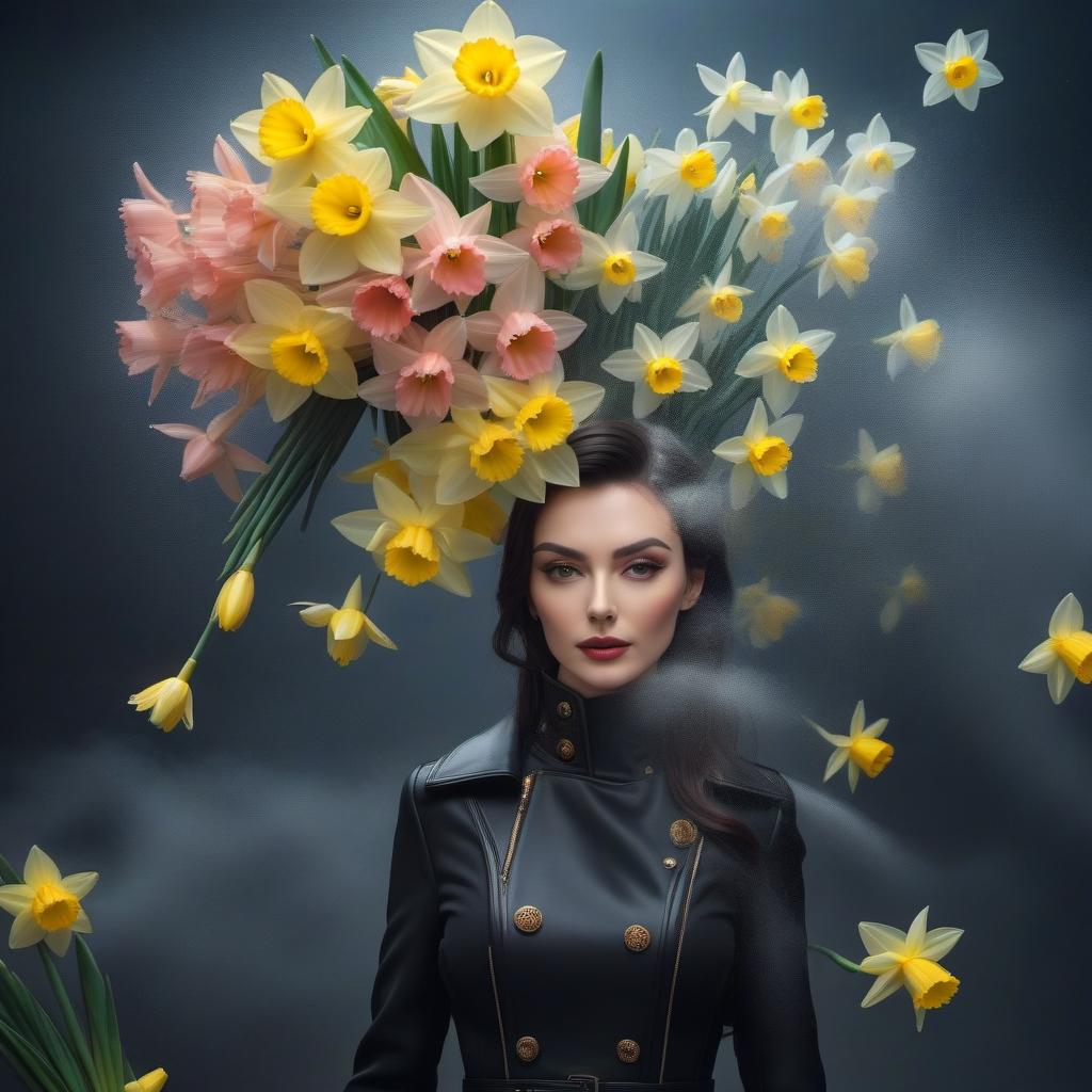  Dark-haired woman in a black coat with a bouquet of daffodils hyperrealistic, full body, detailed clothing, highly detailed, cinematic lighting, stunningly beautiful, intricate, sharp focus, f/1. 8, 85mm, (centered image composition), (professionally color graded), ((bright soft diffused light)), volumetric fog, trending on instagram, trending on tumblr, HDR 4K, 8K