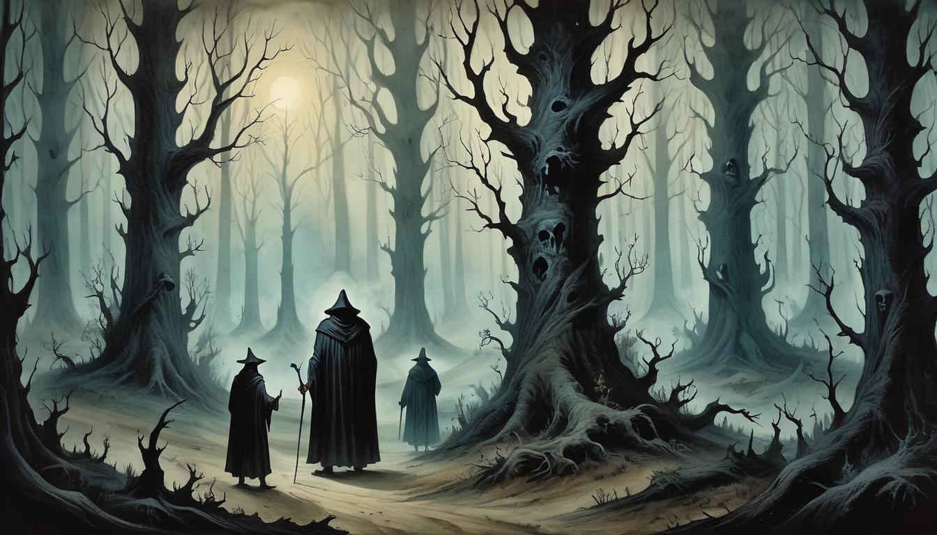  on parchment, surrealism+++, eerie forest with shadowy figures, unaware of an impending force, dense and dark, mysterious and ominous(mysterious, provocative, symbolic,muted color)+++