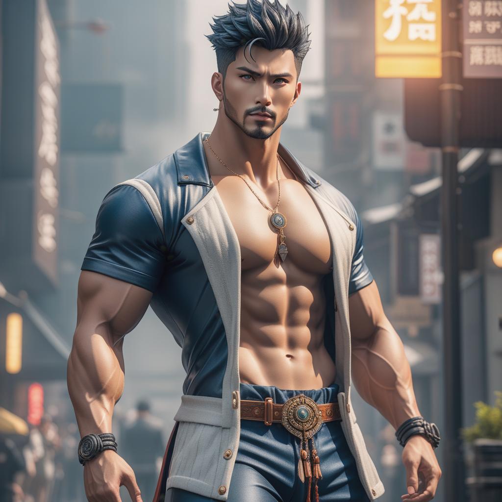  a realistic toned guy, ((anime)) hyperrealistic, full body, detailed clothing, highly detailed, cinematic lighting, stunningly beautiful, intricate, sharp focus, f/1. 8, 85mm, (centered image composition), (professionally color graded), ((bright soft diffused light)), volumetric fog, trending on instagram, trending on tumblr, HDR 4K, 8K