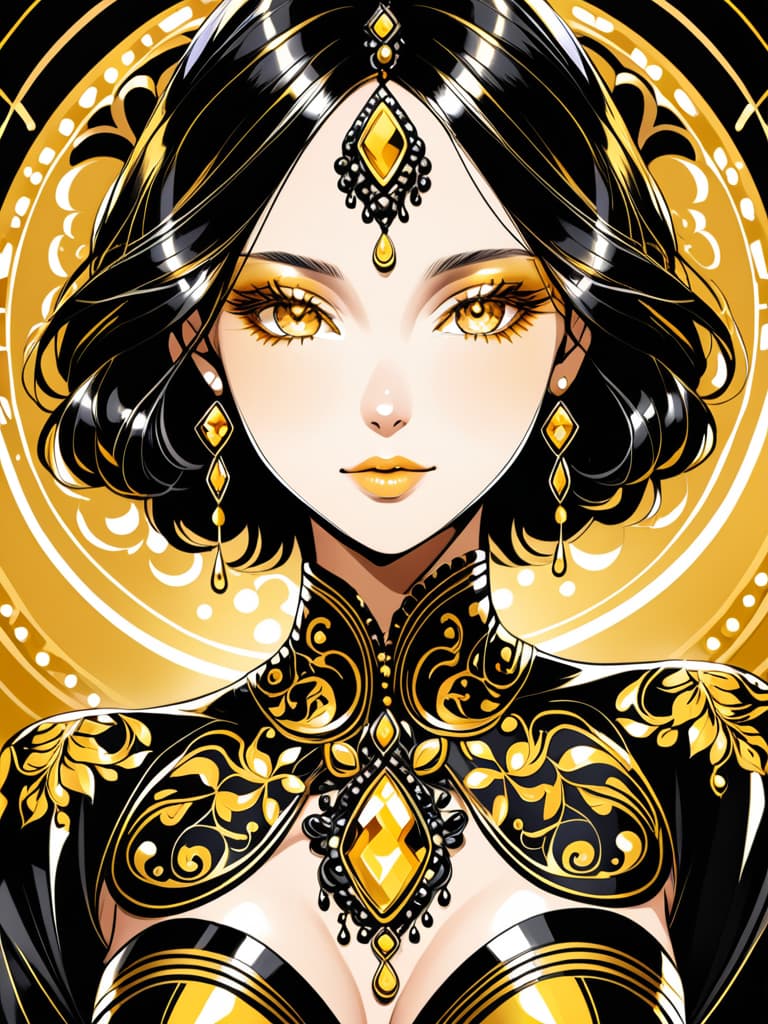  Golden yellow and sleek black color palette, captivating and inviting expression, exuding elegance and charm, magnetic beauty, intricate details, high contrast, luxurious feel, digital art, female, glossy finish, striking composition, dynamic lighting to enhance features.