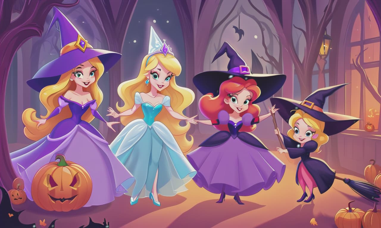  cartoon princesses playing with witches