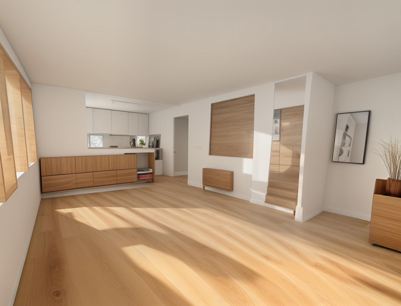  produce a photorealistic rendering of a minimalist living room with a wooden floor. the space should feature a simple, modern sofa as the focal point, with clean lines and neutral colors that complement the natural wood grain of the flooring.