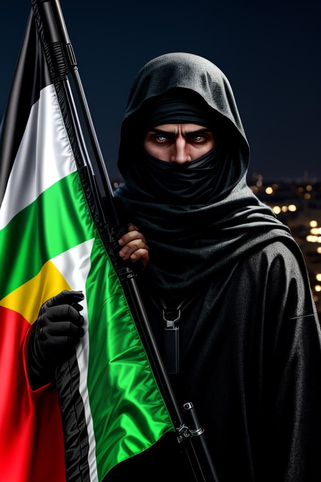  resistance guy wearing a keffiya hiding his face holding palestinian flag , magic neon, hq, hightly detailed, 4k