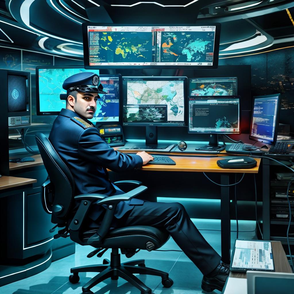  an iranian police officer sitting behind a computer desk with cyber background, award winning, professional, highly detailed, masterpiece