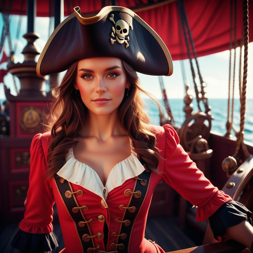  cinematic film still a beautiful in a bright red uniform on a pirate ship. fantasy . shallow depth of field, vignette, highly detailed, high budget, bokeh, cinemascope, moody, epic, gorgeous, film grain, grainy