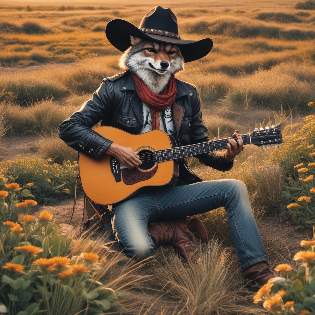  skinny coyote in a cowboy hat playing acoustic guitar in a field, cyberpunk style