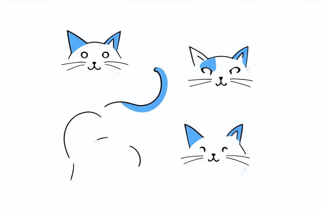  contour, very simple image in one unbroken black ink line, single line of blue cats with funny faces. simple flat color illustration. ar 3:2 using a single continuous black line ink brushon white background, drawing should be created without lifting the pen, recognizable features of blue cats with funny faces. simple flat color illustration. ar 3:2 in one unbroken line